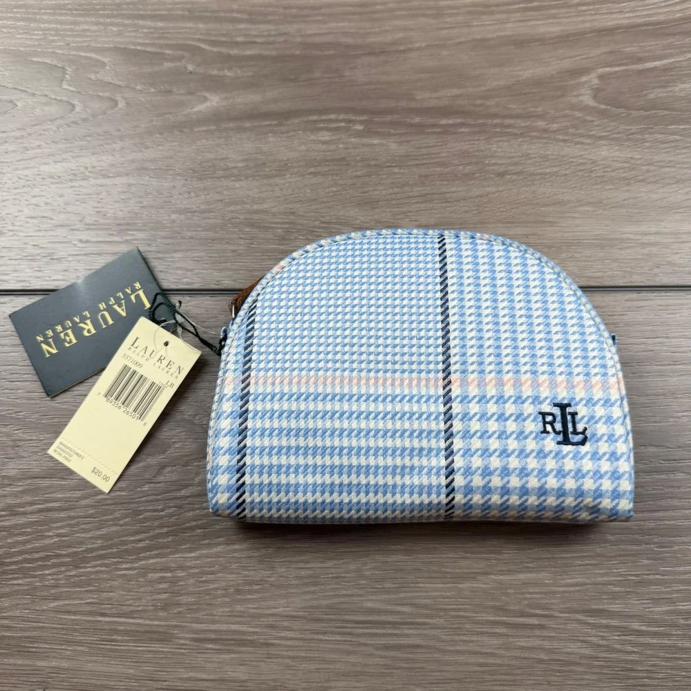 Lauren Ralph Lauren Womens Cosmetic Bag Houndstooth Plaid Blue OS